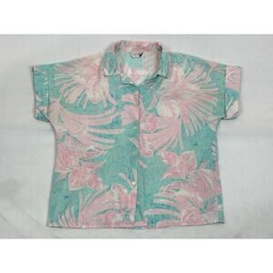 VTG Giovelli Petite Tropical Print Short Sleeve Button Up Shirt Green Pink M